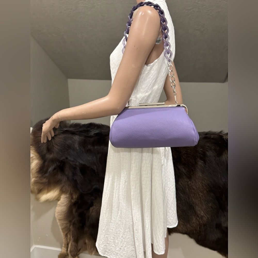 Purple Pebble Calfskin Leather Handmade Push Lock Baguette Bag, Multi Use Style